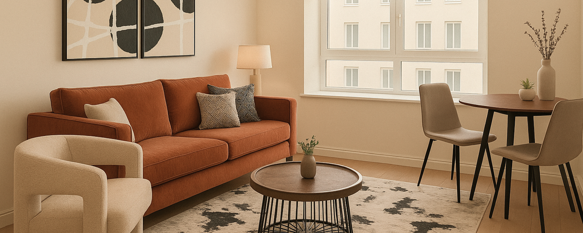 Cozy boho-style living and dining room with rust-coloured sofa, modern neutral armchairs, round wooden table, and abstract artwork
