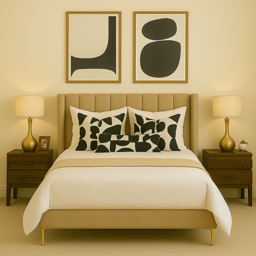 Stylish boho bedroom with a beige upholstered bed, black and white abstract pillows, gold bedside lamps, and wooden nightstands
