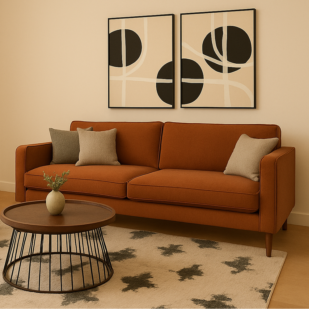 Contemporary living room featuring a rust-orange sofa with neutral cushions, round wooden coffee table, and black-and-beige abstract wall art