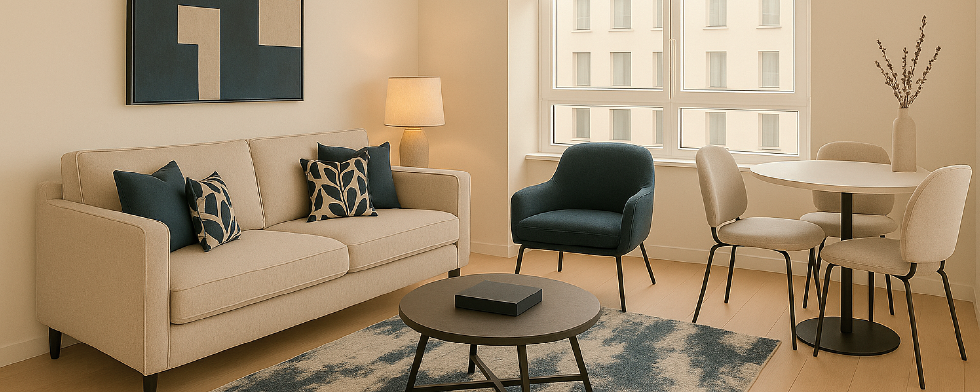 Contemporary open-plan living and dining room with beige sofa, blue armchair, round dining table, and abstract decor
