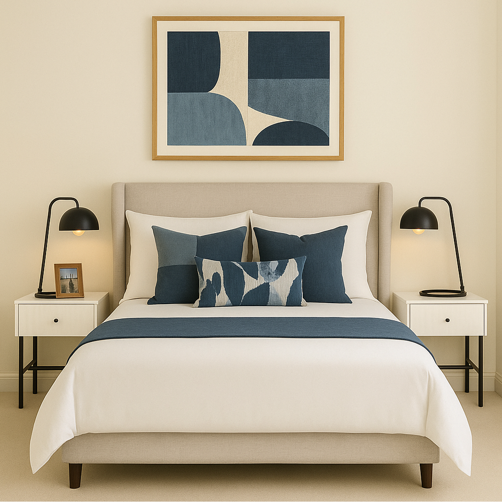 Contemporary bedroom with beige upholstered bed, white bedding, and blue accent pillows and decor