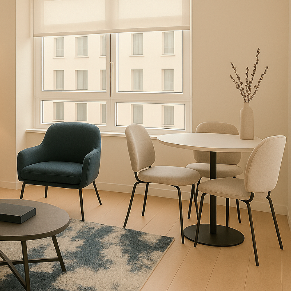 Bright modern living and dining area with round table, beige chairs, navy armchair, and abstract rug