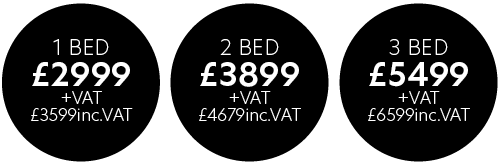 Core Scandi furniture pricing – 1 bed £2999+VAT, 2 bed £3899+VAT, 3 bed £5499+VAT