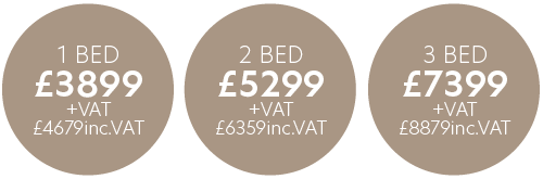 Fully Furnished Scandi furniture pricing – 1 bed £3899+VAT, 2 bed £5299+VAT, 3 bed £7399+VAT