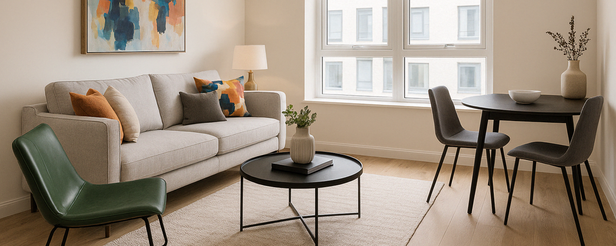Modern living room and dining area featuring beige sofa, green accent chair, abstract wall art, and black round dining table with grey chairs