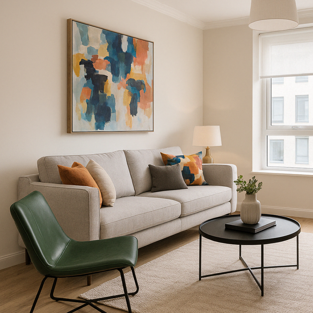 Stylish modern living room with beige sofa, green leather accent chair, abstract wall art, and black round coffee table