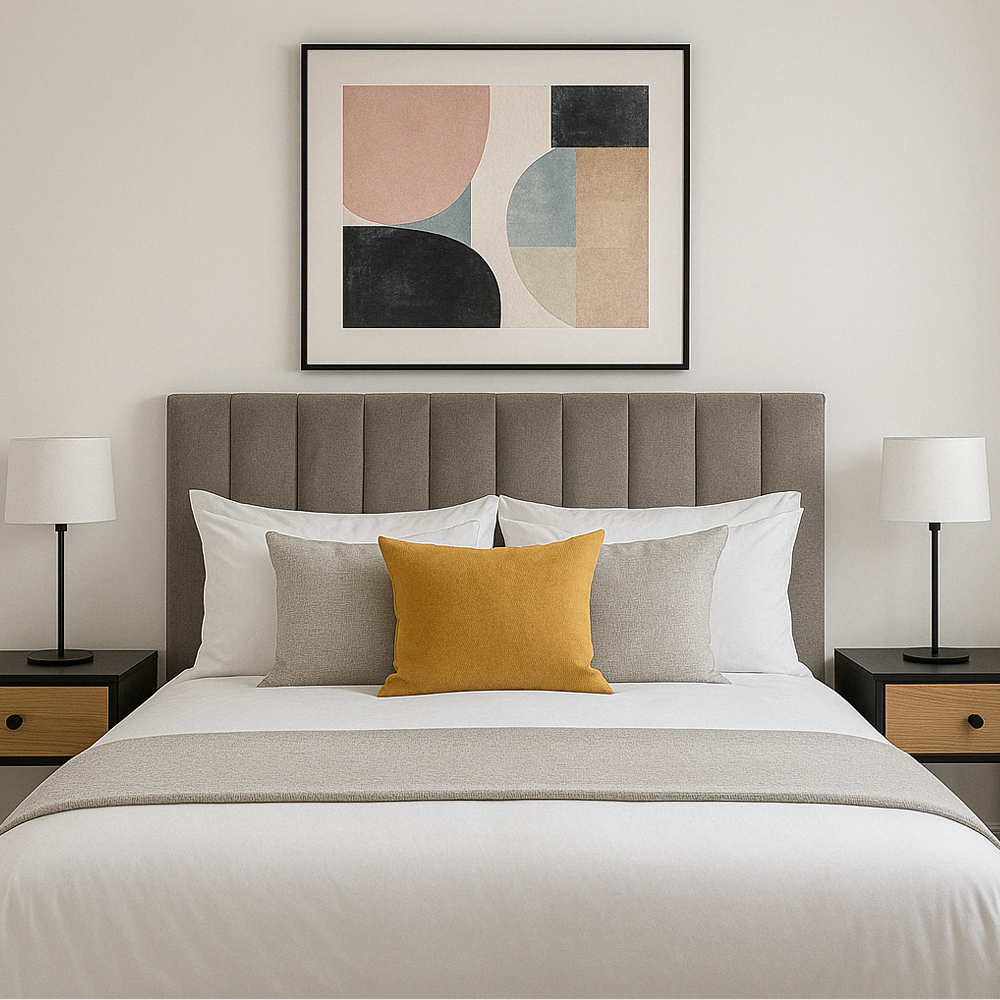 Modern industrial-style bedroom with tufted gray headboard, mustard accent pillow, and geometric wall art