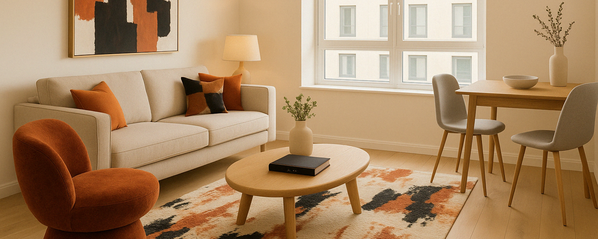 Modern Scandinavian living room and dining area with beige sofa, terracotta chair, wood coffee table, and light-filled windows