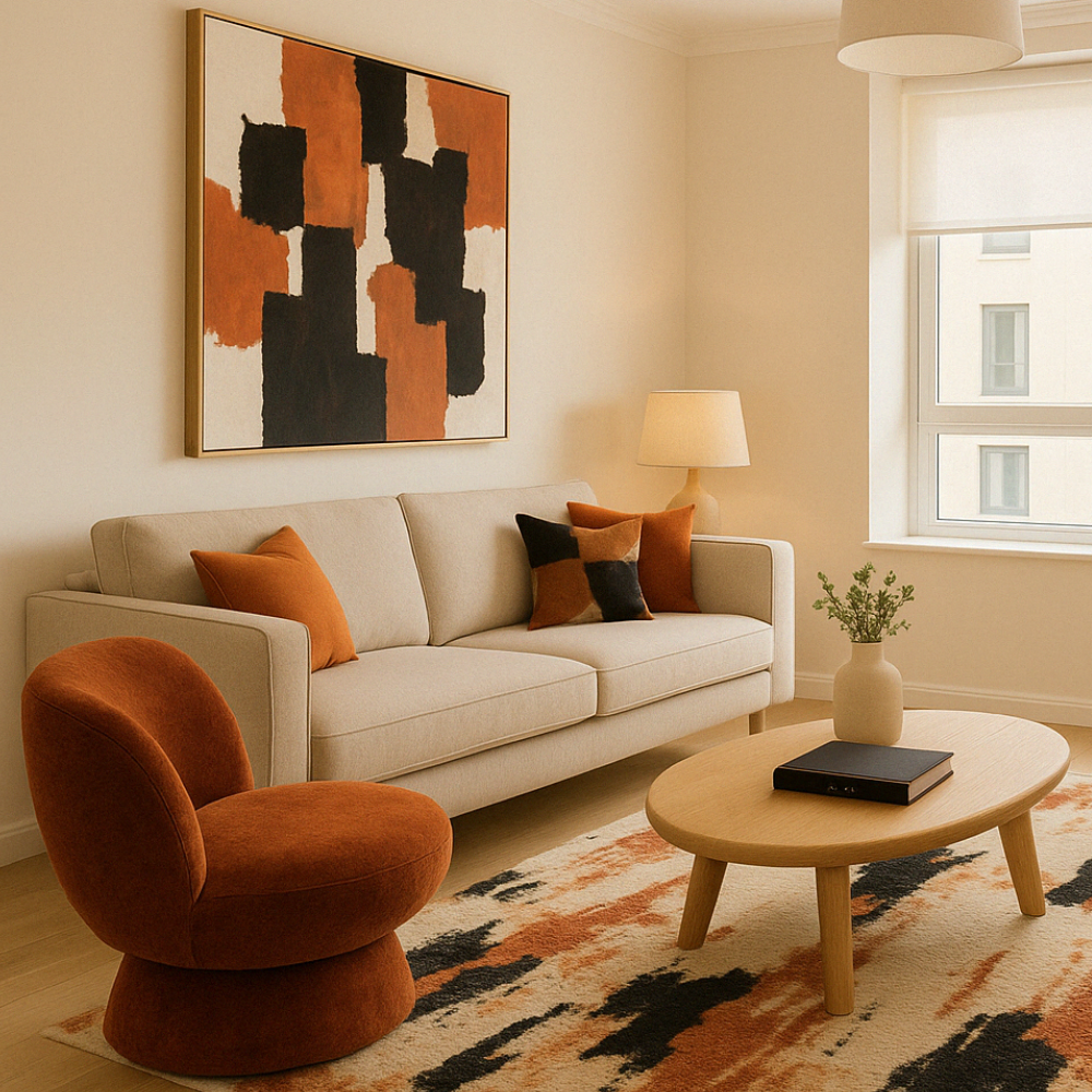 Modern Scandinavian-style living room with a beige sofa, rust-coloured accent chair, abstract wall art, and a matching rug featuring warm earth tones, all softly lit by natural light from a large window.