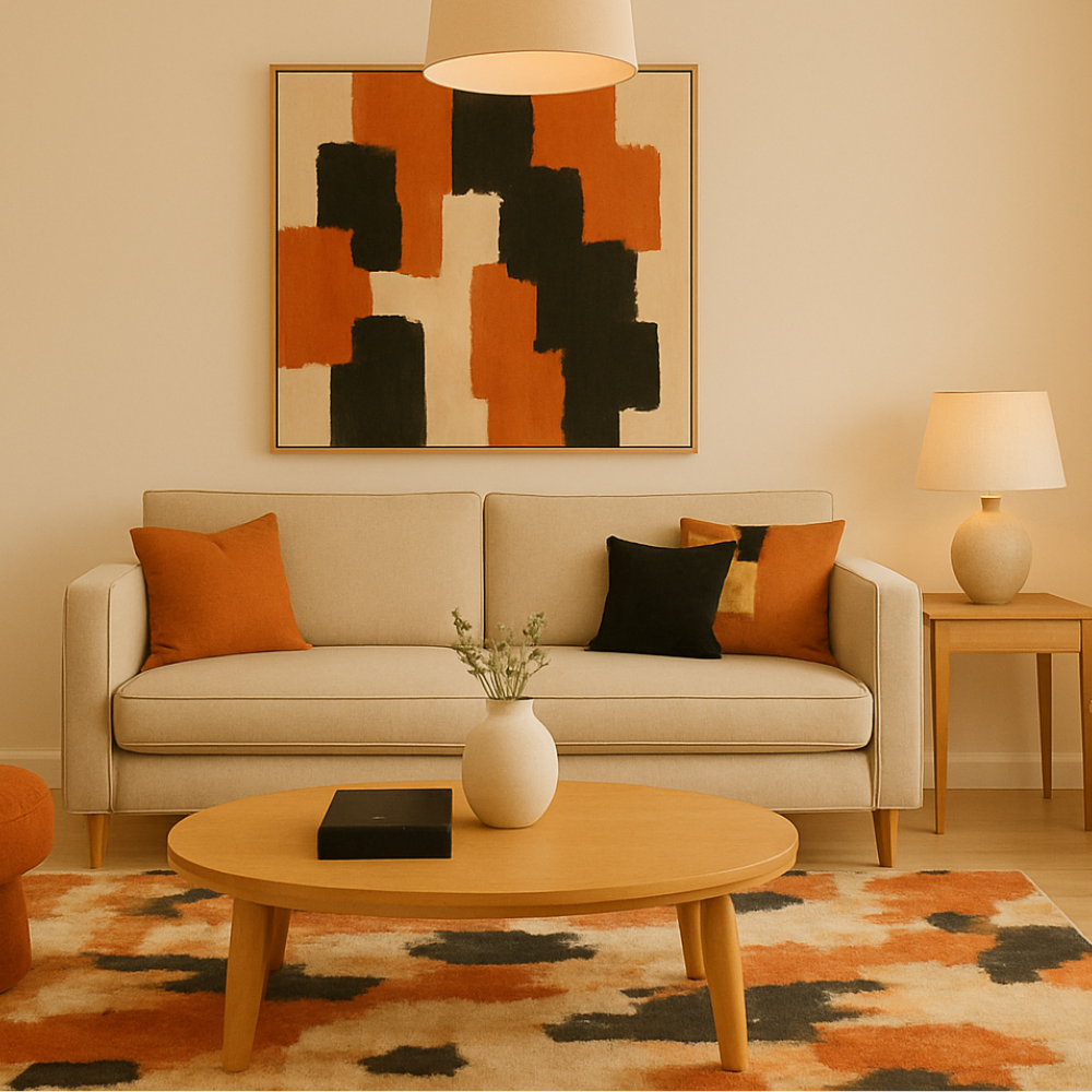 Modern Scandinavian living room with beige sofa, orange and black pillows, abstract wall art, and wooden coffee table