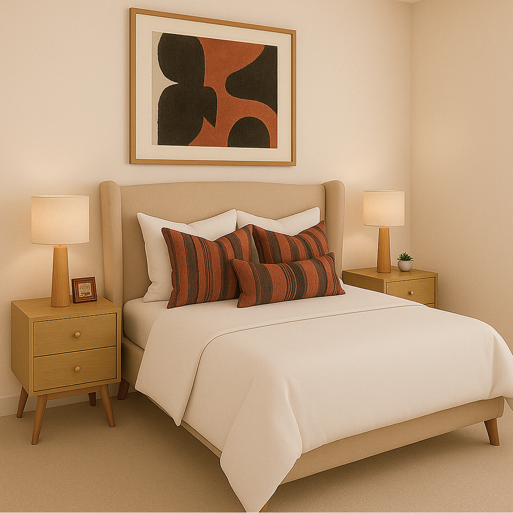 Cozy Scandinavian-style bedroom with beige upholstered bed, rust and black striped pillows, and wooden nightstands